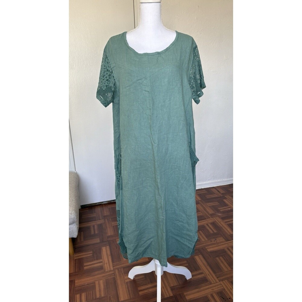DD Made In Italy Women’s Linen Green Dress With Crochet Detail Size Large